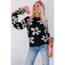 Spinach Green Big Flower Knit Ribbed Trim Sweater