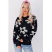 Spinach Green Big Flower Knit Ribbed Trim Sweater
