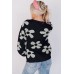 Spinach Green Big Flower Knit Ribbed Trim Sweater