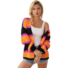 Black Striped Colorblock Drop Shoulder Slouchy Cardigan