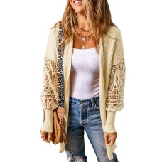 Black Crochet Lace Sleeve Ribbed Knit Cardigan