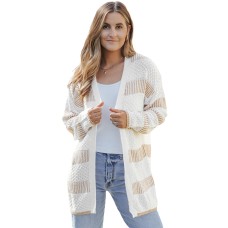 Beige Textured Stripe Pattern Drop Shoulder Duster Cardigan