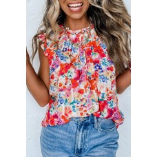 Red Frilled Neck Pleated Boho Floral Tank Top