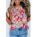Red Frilled Neck Pleated Boho Floral Tank Top Red Frilled Neck Pleated Boho Floral Tank Top