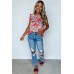Red Frilled Neck Pleated Boho Floral Tank Top Red Frilled Neck Pleated Boho Floral Tank Top