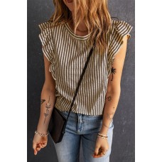 Khaki Striped Crew Neck Ruffled Tank Top