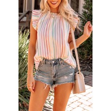 Barrier Striped Flutter Sleeve Frilled Neck Tank Top