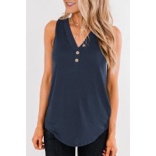 Blue Solid Color Buttons V Neck Ribbed Tank Top