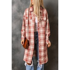 Fiery Red Plaid Print Button Long Shacket
