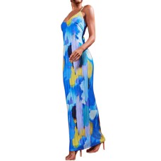 Suspender Sexy Print Dress Sleeveless Slip Backless Sexy V Neck Maxi Dress Women Fashion Elegant Print Suspender Long Skirt