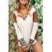 White Leopard Color Block Patchwork Split Neck Long Sleeve Top