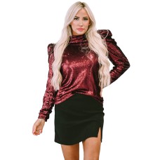 Burgundy Sequin Mock Neck Bubble Sleeve Top
