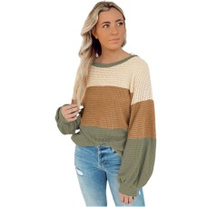 Green Stripe Textured Color Block Bubble Sleeve Baggy Top
