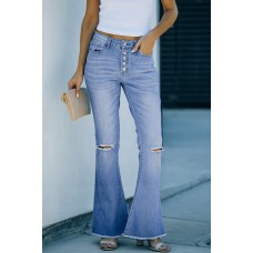 Sky Blue High Rise Distressed Bell Bottom Denims