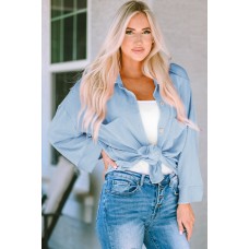 Sky Blue Roll Tab Sleeve Ribbed Cording Shacket
