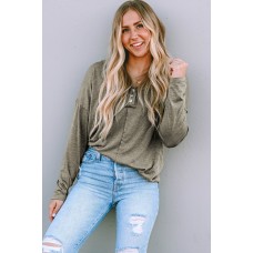 Khaki Long Sleeve V-Neck Stitching Henley Top