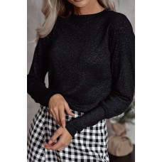 Black Glitter Round Neck Long Sleeve Top