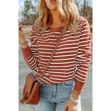 Red Striped Print Ribbed Trim Long Sleeve Top