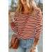 Red Striped Print Ribbed Trim Long Sleeve Top