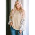 Apricot Leopard Print Patchwork Lantern Sleeve Waffle Knit Top