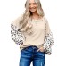 Apricot Leopard Print Patchwork Lantern Sleeve Waffle Knit Top