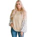 Apricot Leopard Print Patchwork Lantern Sleeve Waffle Knit Top