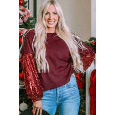Burgundy Sequin Patchwork Sleeve Open Back Waffle Knit Top