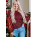 Burgundy Sequin Patchwork Sleeve Open Back Waffle Knit Top