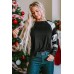 Black Sequin Plaid Patchwork Raglan Sleeve Top