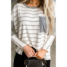 Stripe Patchwork High Low Side Slits Long Sleeve Top Stripe Patchwork High Low Side Slits Long Sleeve Top