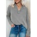Gray V Neck Collared  Retro Waffle Long Sleeve Top