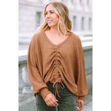 Brown V-Neck Drawstring Dolman Sleeve Waffle Knit Top