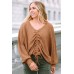Brown V-Neck Drawstring Dolman Sleeve Waffle Knit Top