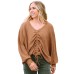 Brown V-Neck Drawstring Dolman Sleeve Waffle Knit Top