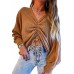 Brown V-Neck Drawstring Dolman Sleeve Waffle Knit Top