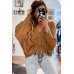 Brown V-Neck Drawstring Dolman Sleeve Waffle Knit Top