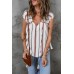 White Striped Print Loose V Neck Short Sleeve Top