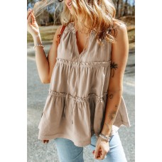 Khaki Split V Neck Tiered Ruffle Tank Top