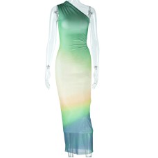 Fashionable printed sexy slanted shoulder sleeveless gradient color wrapped buttocks long dress casual dress trendy women