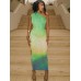 Fashionable printed sexy slanted shoulder sleeveless gradient color wrapped buttocks long dress casual dress trendy women