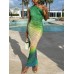 Fashionable printed sexy slanted shoulder sleeveless gradient color wrapped buttocks long dress casual dress trendy women