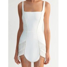 Heavy Industry Diamond Tassel Sleeveless Square Neck Bandage Dress Small Dress