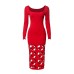 Solid color round neck long sleeved hollow wrap buttocks high waisted dress