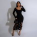 Solid color round neck long sleeved hollow wrap buttocks high waisted dress
