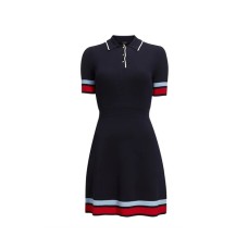 Kikyu skirt contrasting knit ice silk dress POLO collar A-line skirt