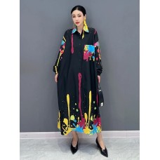 Graffiti Printed Dress For Women Fashion Lapel Pocket Patchwork Full Sleeve Loose Vestido Robe Autumn New Graffiti Printed Dress For Women Fashion Lapel Pocket Patchwork Full Sleeve Loose Vestido Robe Autumn New