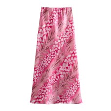 Silk texture printed casual shirt high waisted midi skirt