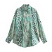 Silk texture printed casual shirt high waisted midi skirt