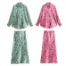 Silk texture printed casual shirt high waisted midi skirt