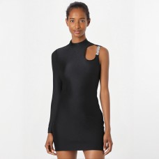 Standing collar single shoulder sleeve hollow slim fit wrap buttocks solid color dress